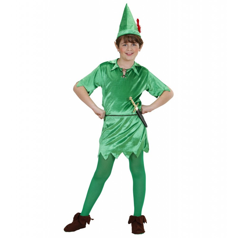 Disfraz infantil de Peter Pan, fibra sintética, incluye gorro, camisa,  pantalón, cinturón y cubrebotas, carnaval, halloween, cos