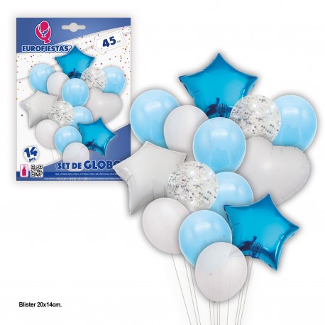 SET GLOBOS CONFETI Y ESTRELLAS AZULES